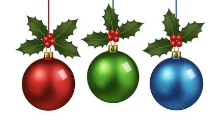 Three festive christmas ornaments with holly leaves and red berries hang on white background