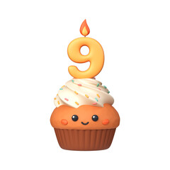 Cute 3D birthday cupcake with candle and number 9