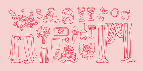 Vector hand drawn trendy summer wedding cakes, champagne wine glasses, candles outline illustration. Elegant flat minimalist hand drawn modern art for wedding invitations, menu, graphics and design