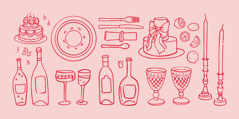Vector hand drawn trendy summer wedding cakes, champagne wine glasses, candles outline illustration. Elegant flat minimalist hand drawn modern art for wedding invitations, menu, graphics and design