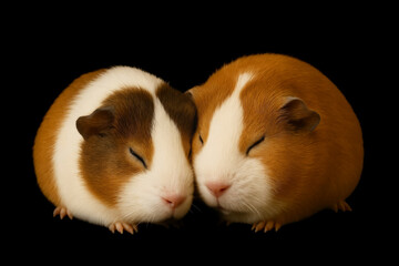two sleeping guinea pigs on a black background generative ai