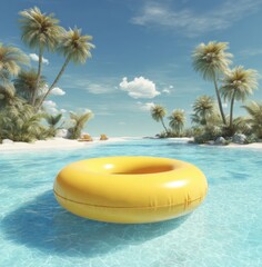 3D render of a yellow inflatable swim ring floating in a crystal clear tropical pool with palm trees under a sunny blue sky