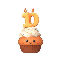 Cute 3D birthday cupcake with candle and number 10