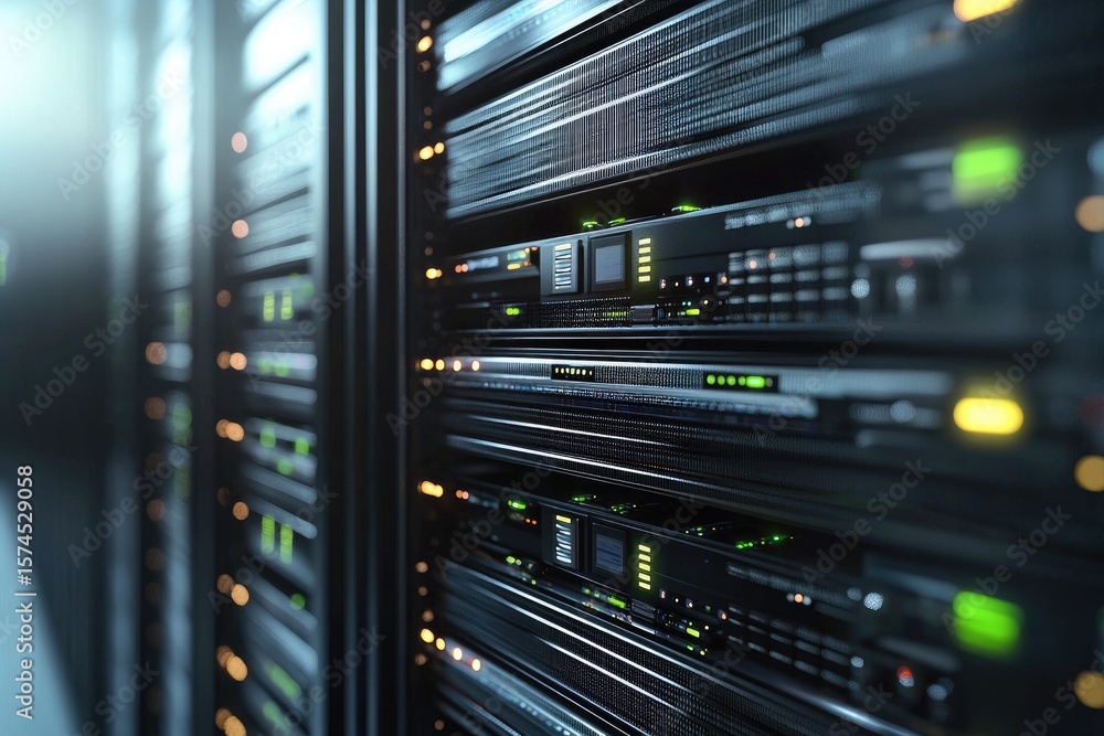 Poster close-up view of modern server hardware with green and yellow led lights in a cool-toned data center