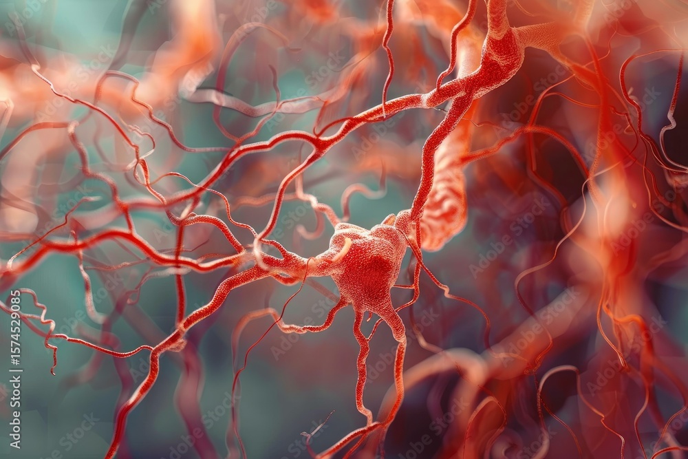 Poster microscopic view of a neuron transmitting signals through a complex neural network, illustrating the