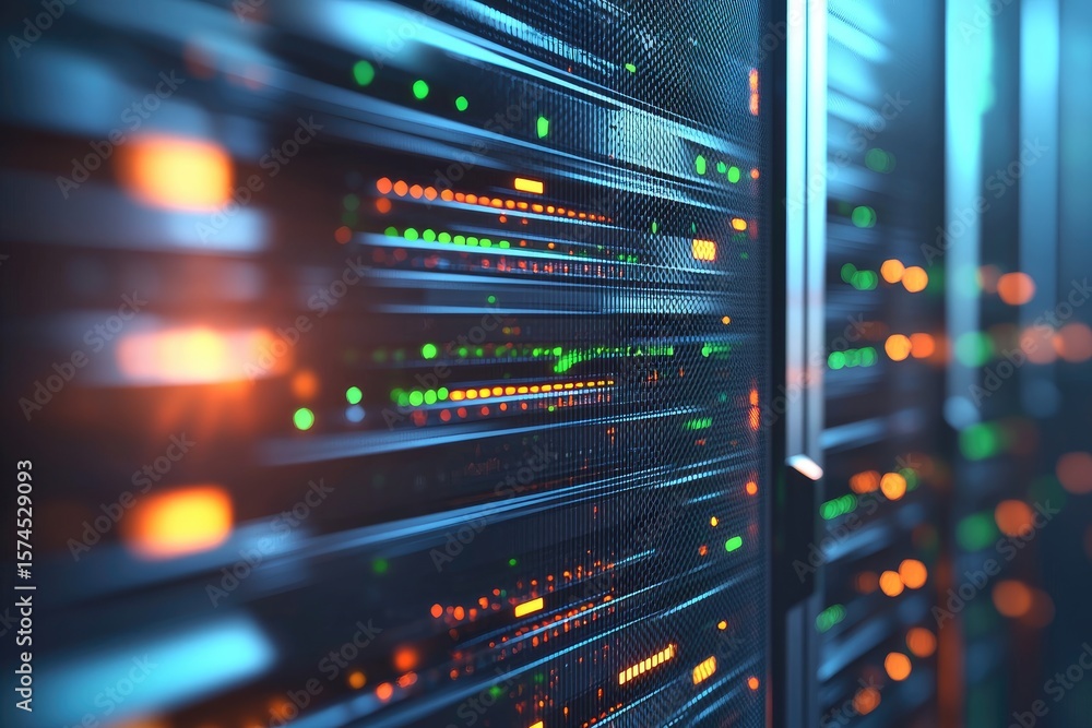 Poster close-up of illuminated data servers with vibrant led lights in a high-tech data center, perfect for