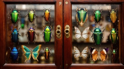 Colorful insect specimens in display case