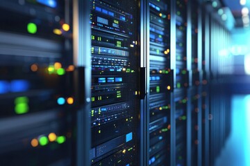 Futuristic data center server rack with glowing green and blue LED panels, ideal for showcasing cloud computing, IT infrastructure, or data storage technologies
