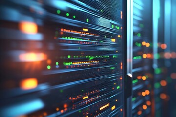 Close-up of illuminated data servers with vibrant LED lights in a high-tech data center, perfect for cloud technology, networking, or cybersecurity concepts