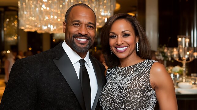 Couple posing together at a formal event.