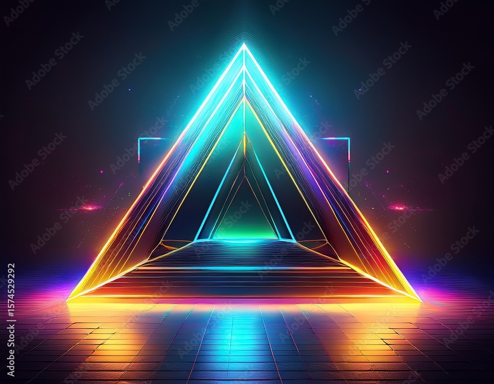 Poster abstract neon triangle with glowing prism in dark space for futuristic design