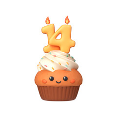 Cute 3D birthday cupcake with candle and number 14