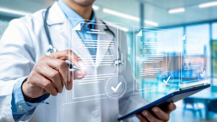 Doctor interacting with a futuristic holographic interface displaying medical records and checkmarks in a modern clinic setting