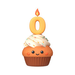 Cute 3D birthday cupcake with candle and number 0