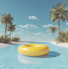 3D render of a yellow inflatable swim ring floating in a crystal clear tropical pool with palm trees under a sunny blue sky