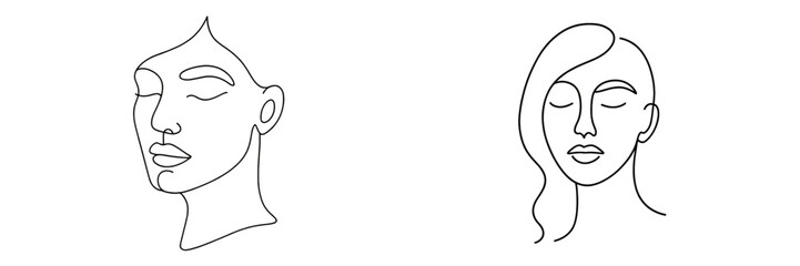 Modern line art depicting two female faces with closed eyes and unique hairstyles, emphasizing simplicity and elegance in form