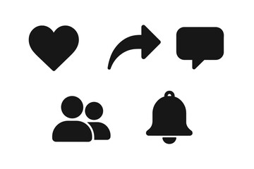 Icons representing social media interactions including likes, shares, comments, and notifications for online engagement