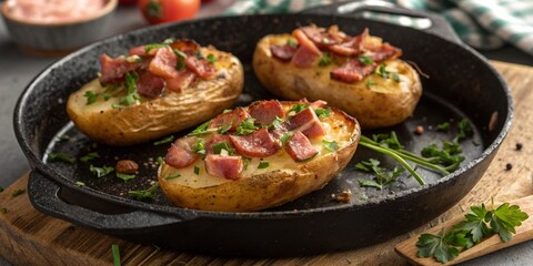 Baked potatoes with lard and herbs in a cast-iron skillet.