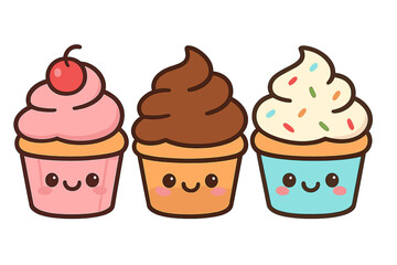 Cute cartoon cupcakes showcasing vibrant frosting and cheerful expressions in a playful design