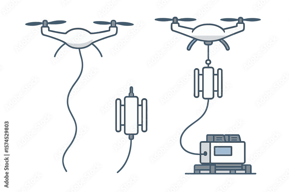 Aufkleber drones with tethered connection for power and data transmission in technological applications
