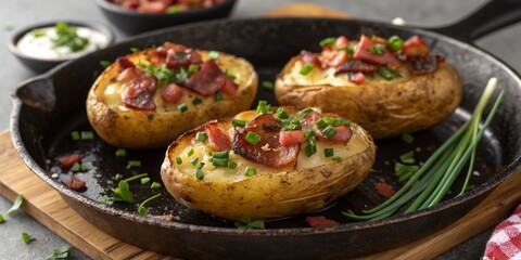 Baked potatoes with lard and herbs in a cast-iron skillet.