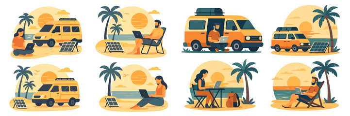 Fototapeta premium Camping by the beach with solar energy while working remotely in a tranquil sunset setting