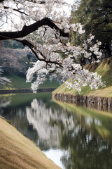Cherry blossoms reflecting in the imperial palace moat, tokyo, japan