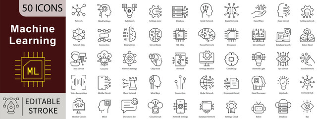 Machine Learning Line Icons Set with Editable Stroke for AI, Data Science, and Algorithm Automation Concepts