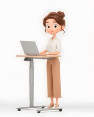 3D cartoon female entrepreneur typing on laptop at standing desk, isolated white background