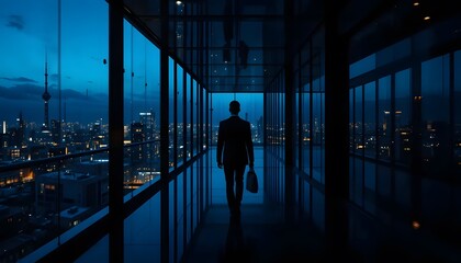 Businessman walking in modern office building overlooking city skyline at night time