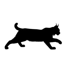 Silhouette of a lynx walking, showing its distinct ear tufts and short tail. Wild feline illustration in black for wildlife, logo, or nature-themed design