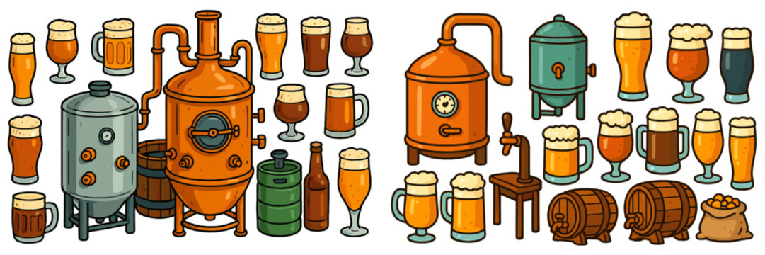 Diverse assortment of brewery equipment and beer styles displayed in an artistic arrangement
