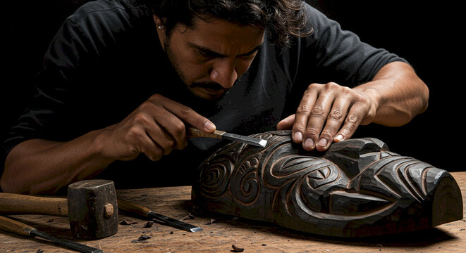 Male artisan carving intricate design on wooden mask with tools  