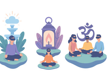 Meditation practice in a serene environment with virtual reality elements showcasing relaxation and mindfulness