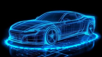 Digital rendering of a futuristic car's wireframe model.