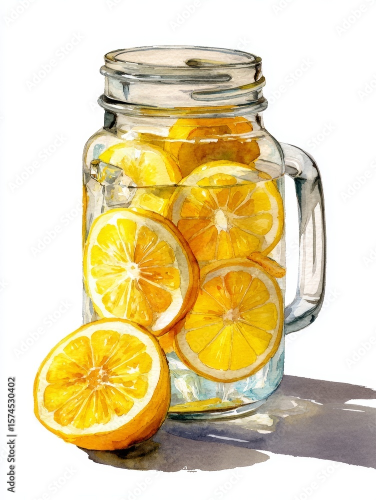 Poster bright summer lemonade in mason jar with floating citrus slices shaped like suns on white background