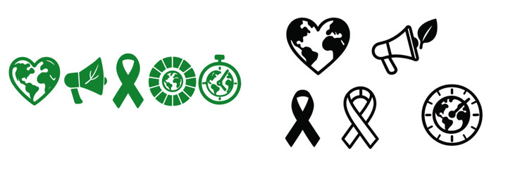 Symbols promoting environmental awareness and advocacy displayed in various designs and colors