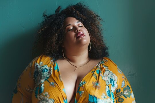 Young plus size model posing with eyes closed and head leaning against a teal wall