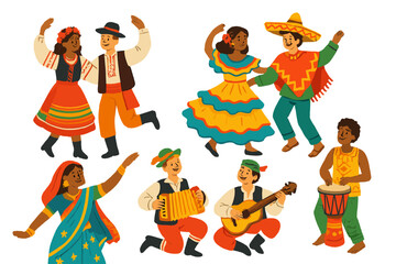 Colorful celebration of traditional dance and music with diverse performers in vibrant outfits during a cultural festival