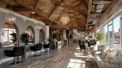 Elegant modern interior of a beauty salon featuring styling stations and unique decor