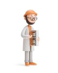 3D cartoon male IT technician connecting server cables in data center, isolated white background