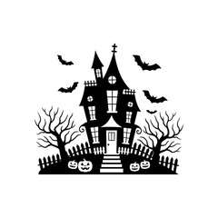 Haunted House Halloween Silhouette with Pumpkins and Bats