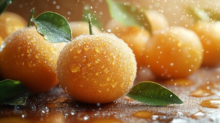 Tangerines with a leaf on top of them/ Close up photo on orange background