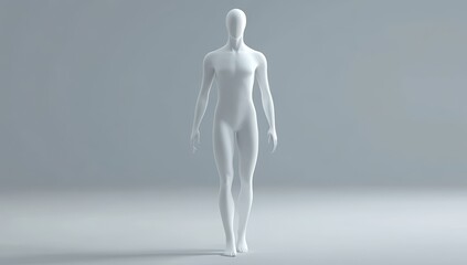 A 3D-rendered, featureless human mannequin stands against a plain, gradient grey background, showcasing a neutral posture with arms relaxed by its sides.