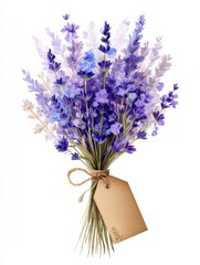 Fototapeta premium Soft watercolor illustration of a tied wild lavender bouquet with kraft paper tag on white backdrop featuring gentle lilac tonal variations