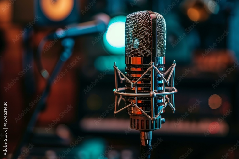 Poster close up of studio microphone capturing sound in a professional recording environment