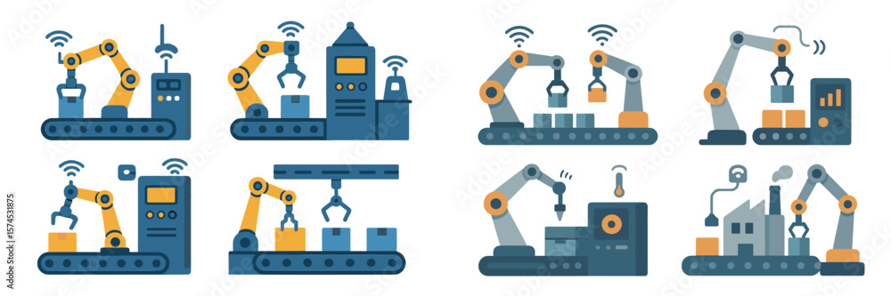 Poster modern automation in manufacturing showcases robotic arms working on production lines with digital c