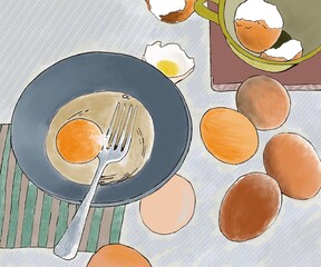 Scrambled eggs breakfast drawing. Vector illustration 