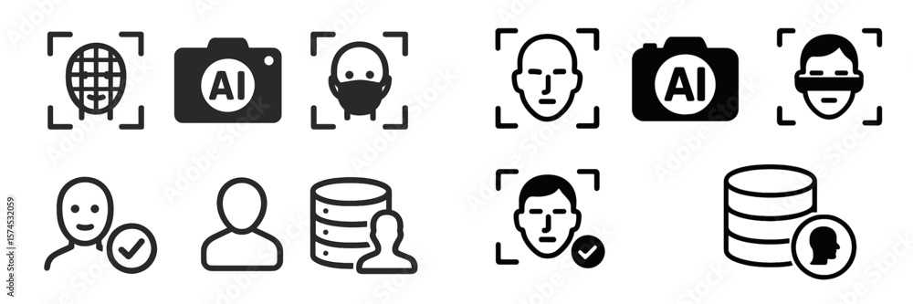 Poster various icons representing artificial intelligence, facial recognition, and data privacy concepts in