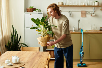 Handsome young man tending to a potted plant in a cozy home setting during the afternoon